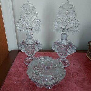 1930's Clear/Frosted Dresser set: 2 Perfume Bottles +1 Powder/Trinket Jar w/ Lid